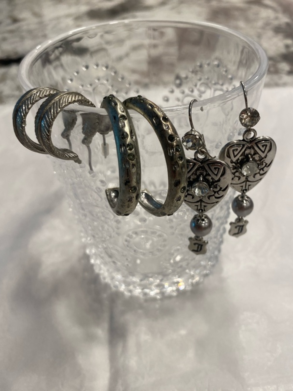 Silver Earring Bundle 3 Pair Set | Heart Dangle + Textured Hoops | Vintage Style - Picture 4 of 10